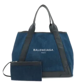 BALENCIAGA Denim Leather Navy Cabas MM Tote Hand Bag Blue 339936