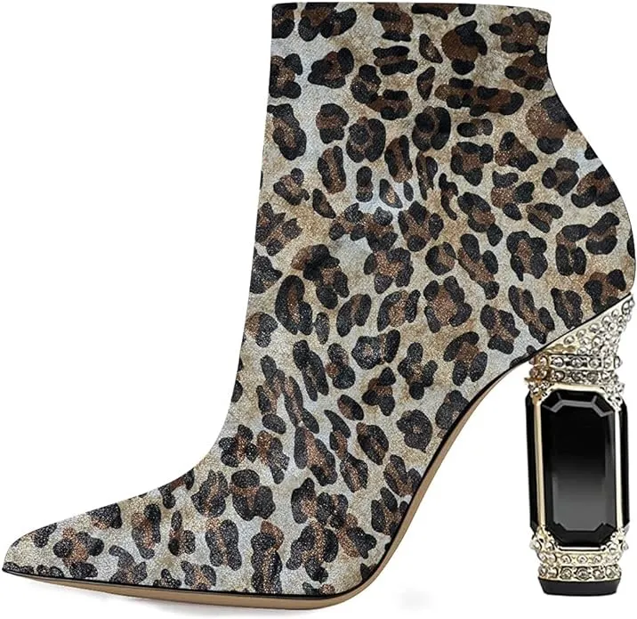 Beautified Animal Print Bejeweled Ankle Boots