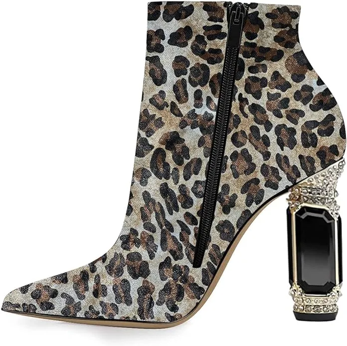 Beautified Animal Print Bejeweled Ankle Boots