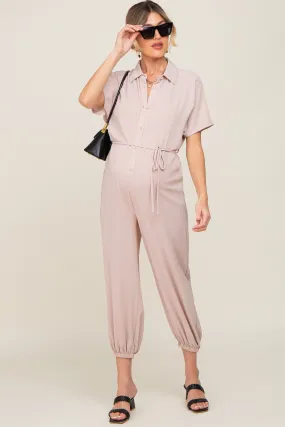 Beige Button Up Maternity Jumpsuit