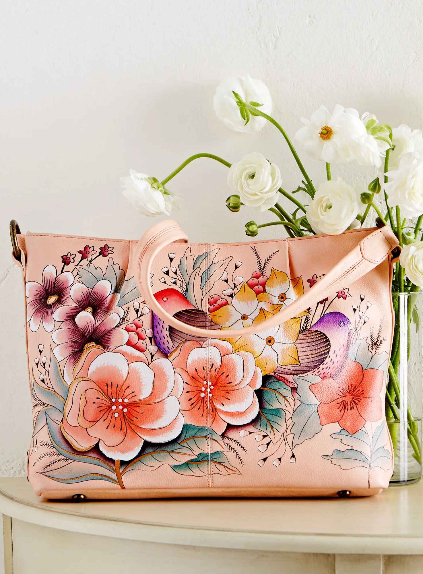 Birds in Blush Hand-painted Hobo Bag