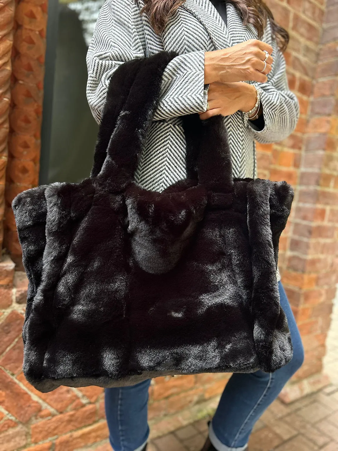 Black Faux Fur Tote Bag