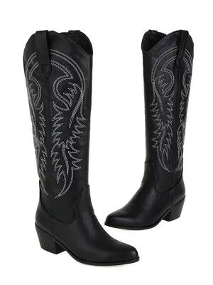 Embroidered Chunky Heel Mid-Calf Cowboy Boots