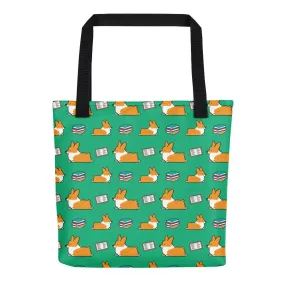 Green Bookworm Corgi Tote Bag