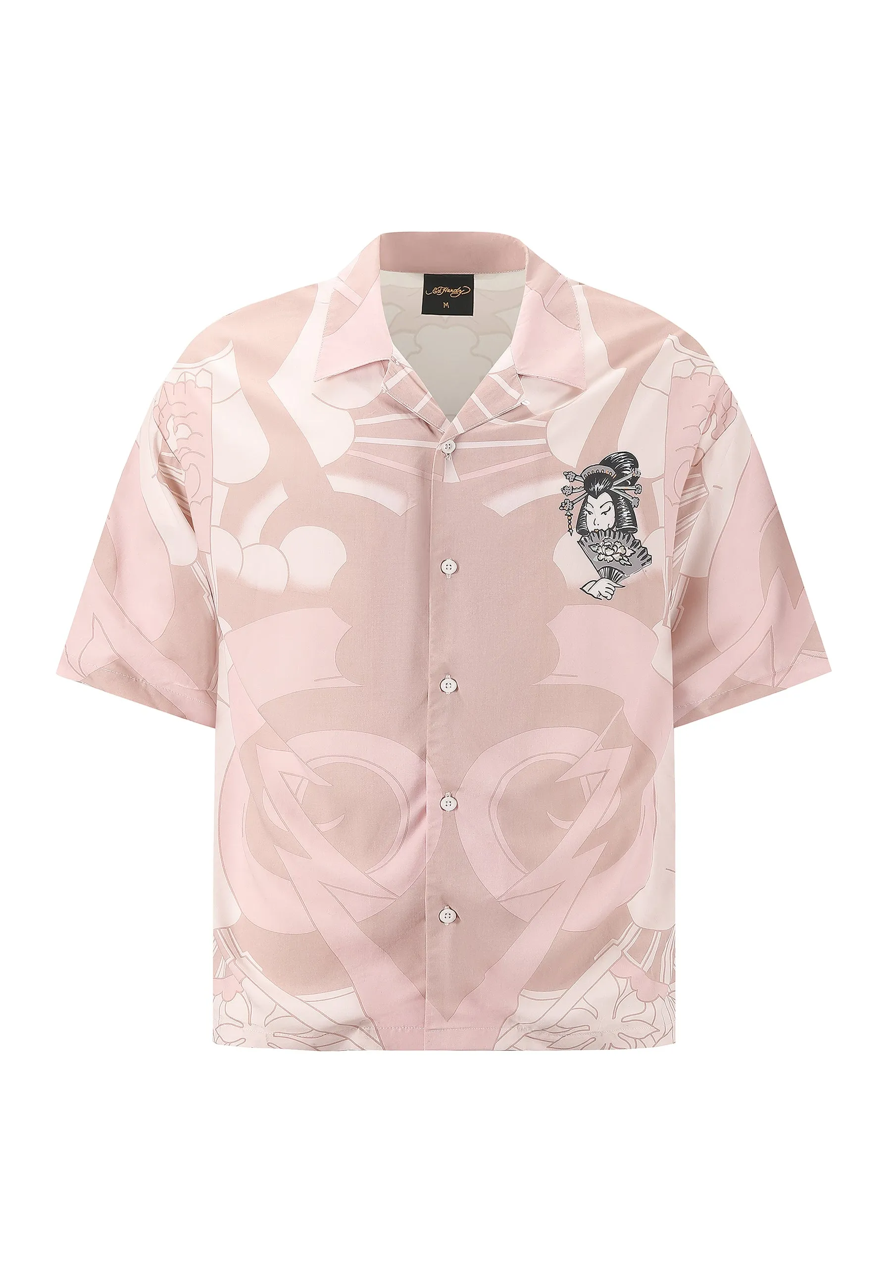 Mens Geisha Fan Camp Short Sleeve Shirt - Pink/White