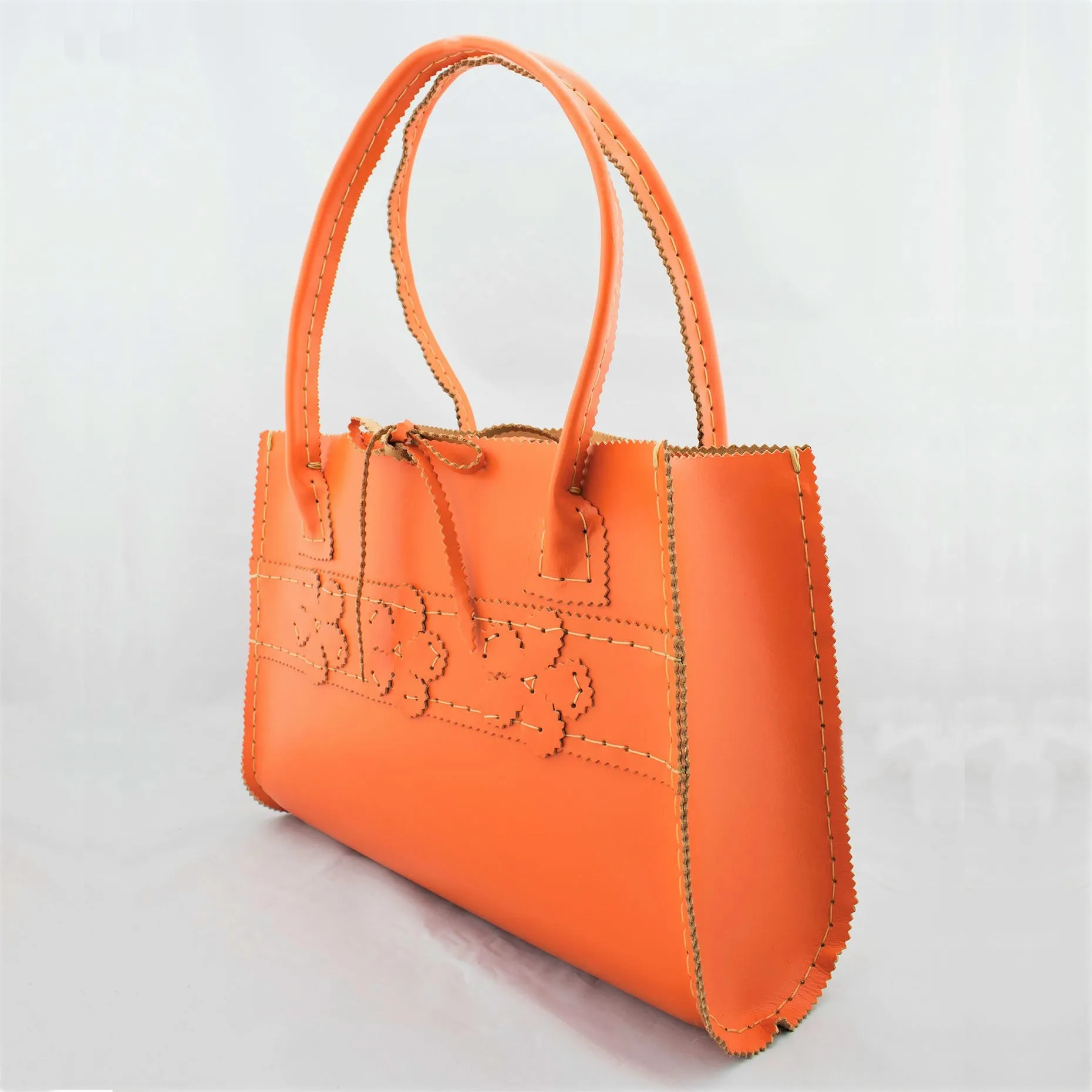 Persimmon Orange Leather  Hand Bag with Floral Motif and Modern Square Shape