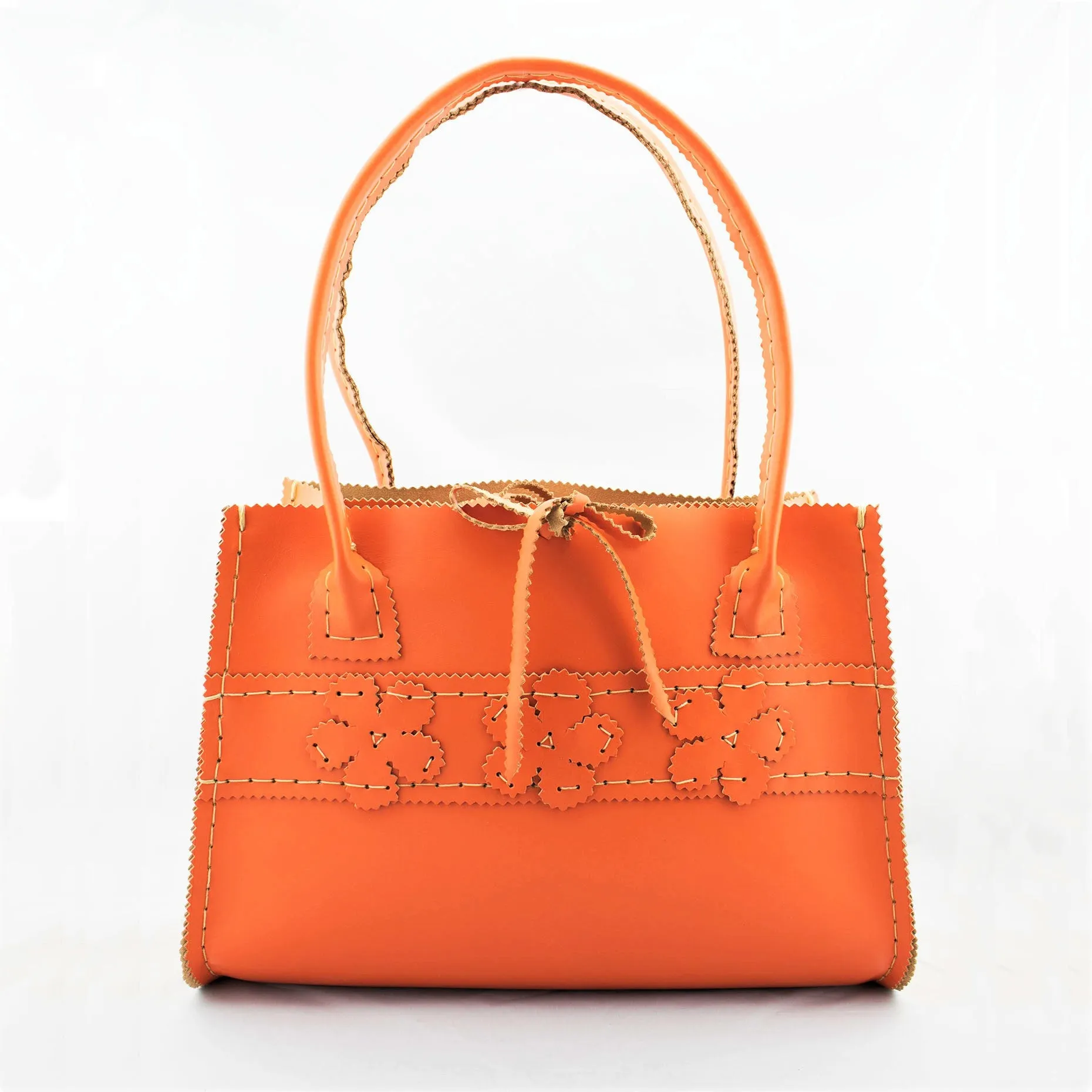 Persimmon Orange Leather  Hand Bag with Floral Motif and Modern Square Shape