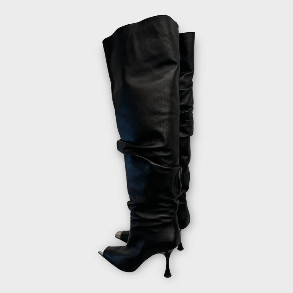 Sergio Rossi Black Metal Toe Cap Over The Knee Boots