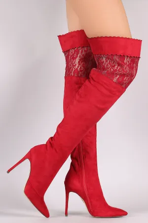 Suede Scalloped Lace Panel Pointy Toe Stiletto Boots