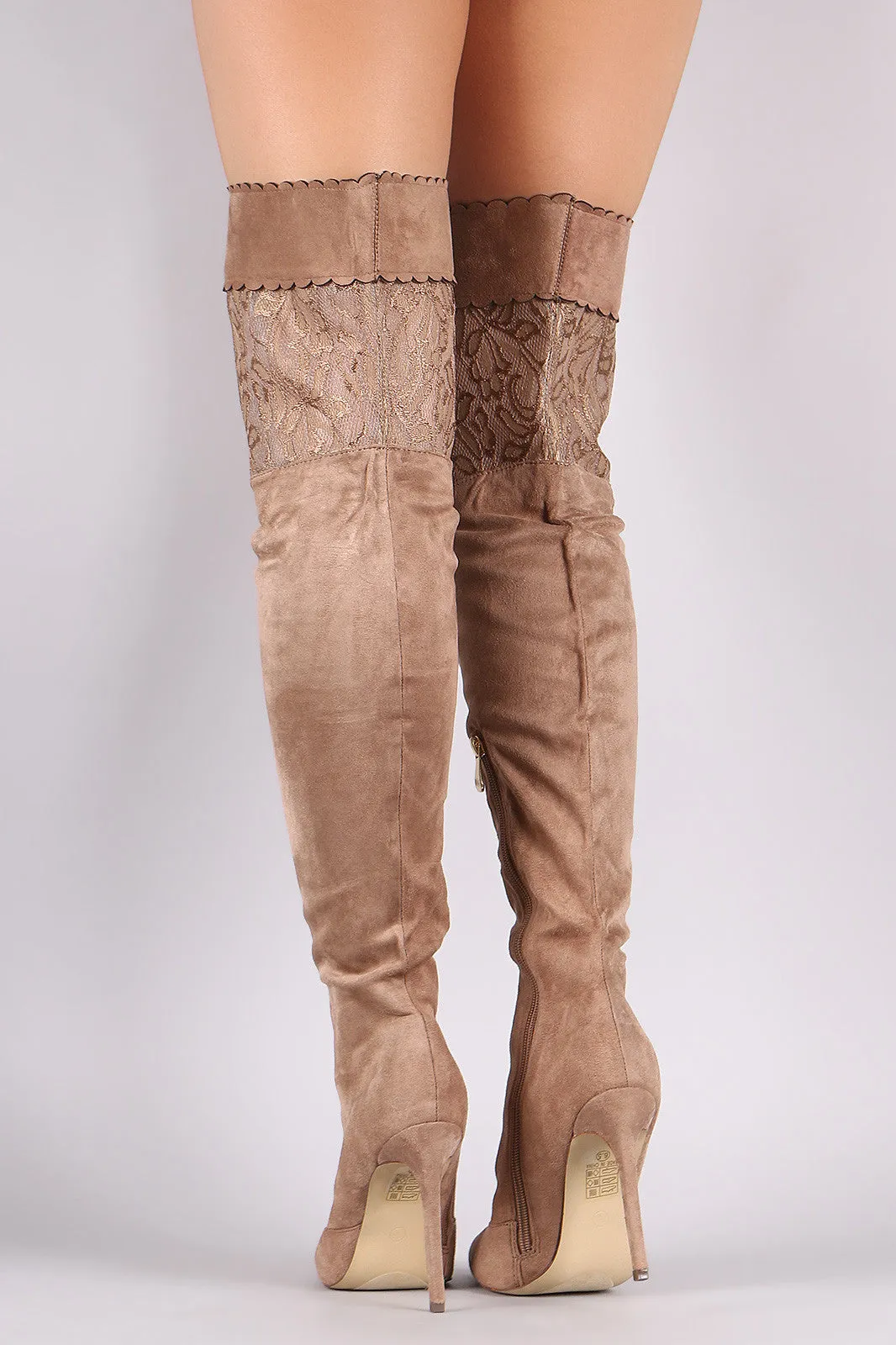 Suede Scalloped Lace Panel Pointy Toe Stiletto Boots