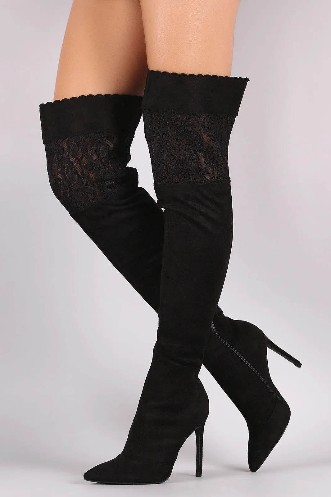 Suede Scalloped Lace Panel Pointy Toe Stiletto Boots